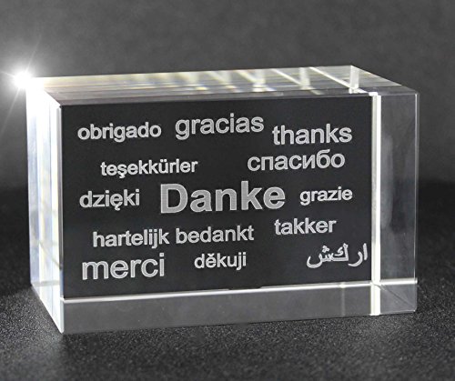 VIP-LASER 3D Glas Kristall Quader XL mit Text Danke in verschiedenen Sprachen! Das tolle Geschenk für einen liebenden Menschen! Glasfoto24 von VIP-LASER