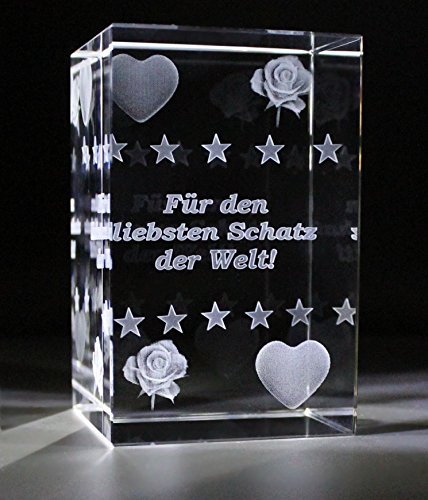 VIP-LASER 3D Glas Kristall Quader XL mit Text Für den liebsten Schatz der Welt (ohne Leuchtsockel) von VIP-LASER