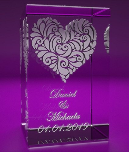 VIP-LASER 3D Glas Kristall Quader XL verziertem Herz und Deinen Namen + Datum im Hochformat Gravur. Persönliche Partnergeschenk Geschenk für Geburtstag, Jahrestag, Valentinstag und Weihnachten! von VIP-LASER