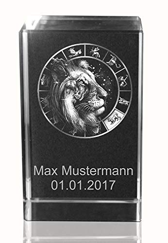 VIP-LASER 3D Glaskristall Quader XL Horoskop Sternzeichen LÖWE - mit Deinem Wunschtext und Wunschdatum für die Ewigkeit in Glas graviert! von VIP-LASER