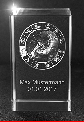 VIP-LASER 3D Glaskristall Quader XL Horoskop Sternzeichen Widder - mit Deinem Wunschtext und Wunschdatum für die Ewigkeit in Glas graviert! von VIP-LASER
