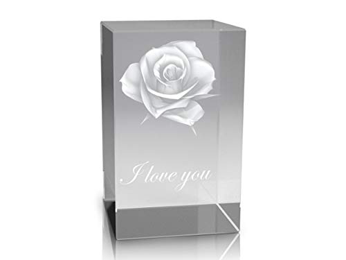 VIP-LASER 3D Glaskristall Quader XL Rose in 3D mit Text I Love You graviert von VIP-LASER