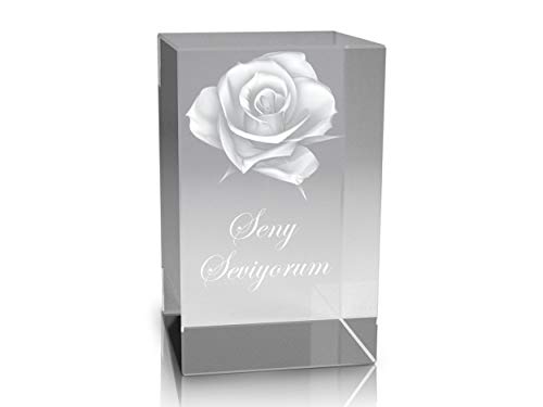 VIP-LASER 3D Glaskristall Quader XL Rose in 3D mit Text Seni Seviyorum graviert von VIP-LASER