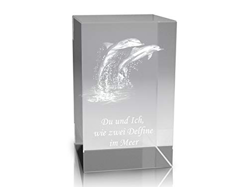 VIP-LASER 3D Glaskristall Quader XL mit Zwei Delfinen/Delphinen und Spruch Du und Ich wie Zwei Delfine im Meer für die Ewigkeit in Glas graviert! von VIP-LASER