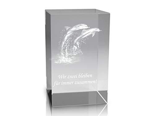VIP-LASER 3D Glaskristall Quader XL mit Zwei Delfinen/Delphinen und Spruch Wir Zwei bleiben für Immer zusammen für die Ewigkeit in Glas graviert! von VIP-LASER