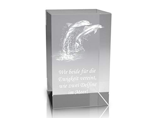 VIP-LASER 3D Glaskristall Quader XL mit Zwei Delfinen/Delphinen und Spruch Wir beide für die Ewigkeit vereint wie Zwei Delfine im Meer! für die Ewigkeit in Glas graviert! von VIP-LASER