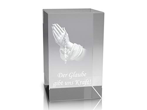 VIP-LASER 3D Glaskristall Quader XL mit betenden Händen und dem Text Der Glaube gibt Uns Kraft! - für die Ewigkeit in Glas graviert! von VIP-LASER