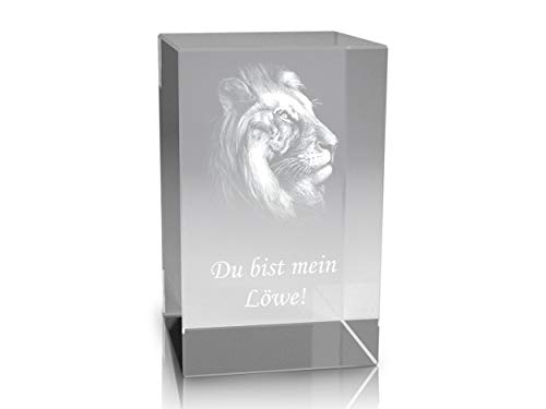 VIP-LASER 3D Glaskristall Quader XL mit einem Löwen/Löwenkopf und Text Du bist Mein Löwe - für die Ewigkeit in Glas graviert! von VIP-LASER