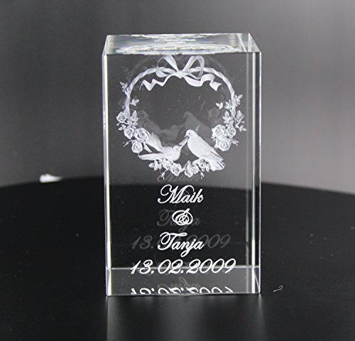 VIP-LASER 3D Glaskristall XL Herz mit Rosen und Tauben und Ihrem Wunschtext graviert. Das ideale Hochzeitsgeschenk (Abmessungen: 80x50x50mm) von VIP-LASER