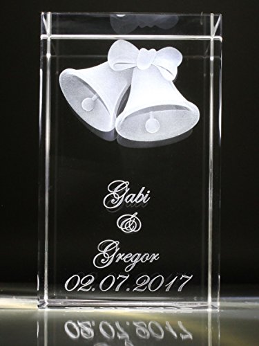 VIP-LASER 3D Glaskristall XL Hochzeitsglocken mit Wunschtext und Wunschdatum graviert! Ihr persönliches Liebesgeschenk zur Hochzeit und Verlobung! (+ Leuchtsockel LED Schwarz) von VIP-LASER