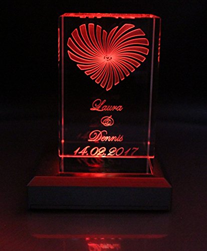 VIP-LASER 3D Glaskristall XL Strahlendes Herz mit Deinem Wunschdatum und Wunschnamen graviert Hochzeit oder zur Verlobung! (+ Leuchtsockel LED Schwarz) von VIP-LASER