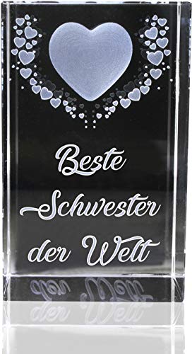 VIP-LASER | 3D Kristall | Motiv: Fliegende Herzen | Beste Schwester der Welt (incl. LED-Leuchtsockel (empfohlen)) von VIP-LASER