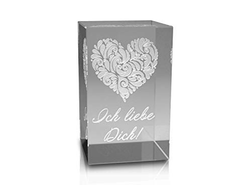 VIP-LASER 3D XL Glas Kristall mit verziertem Herz und Ich liebe Dich! Gravur graviert von VIP-LASER