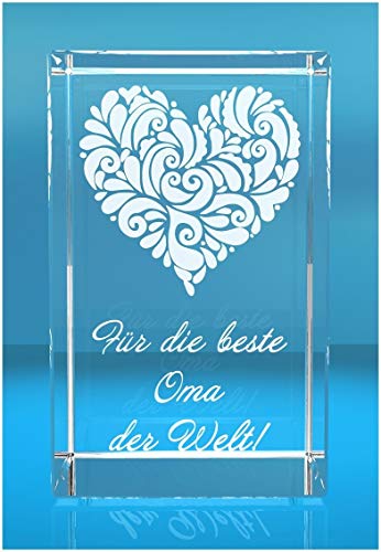 VIP-LASER 3D XL Glas Kristall mit verziertem Herz und Spruch Für die beste Oma der Welt! Gravur von VIP-LASER