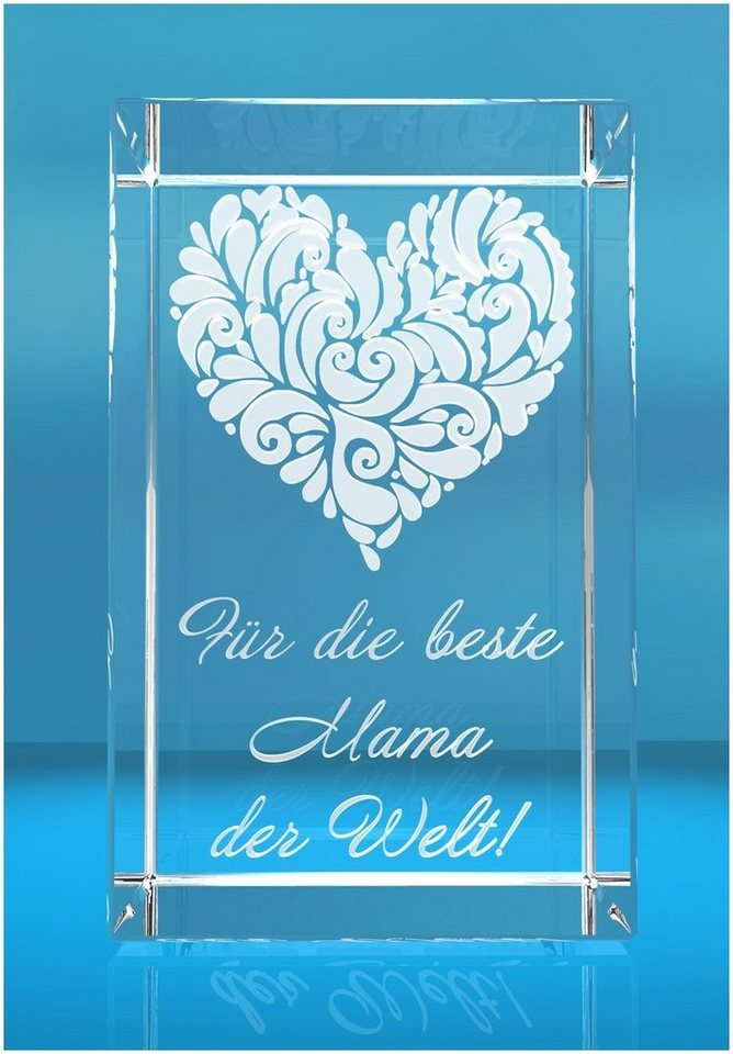 VIP-LASER Dekofigur 3D Glasquader I Motiv: Verziertes Herz Beste Mama der Welt, Hochwertige Geschenkbox, Made in Germany, Familienbetrieb von VIP-LASER