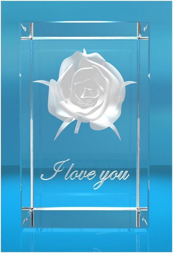 VIP-LASER Dekofigur 3D Glasquader I Rose I Text: I love You, Hochwertige Geschenkbox, Made in Germany, Familienbetrieb von VIP-LASER