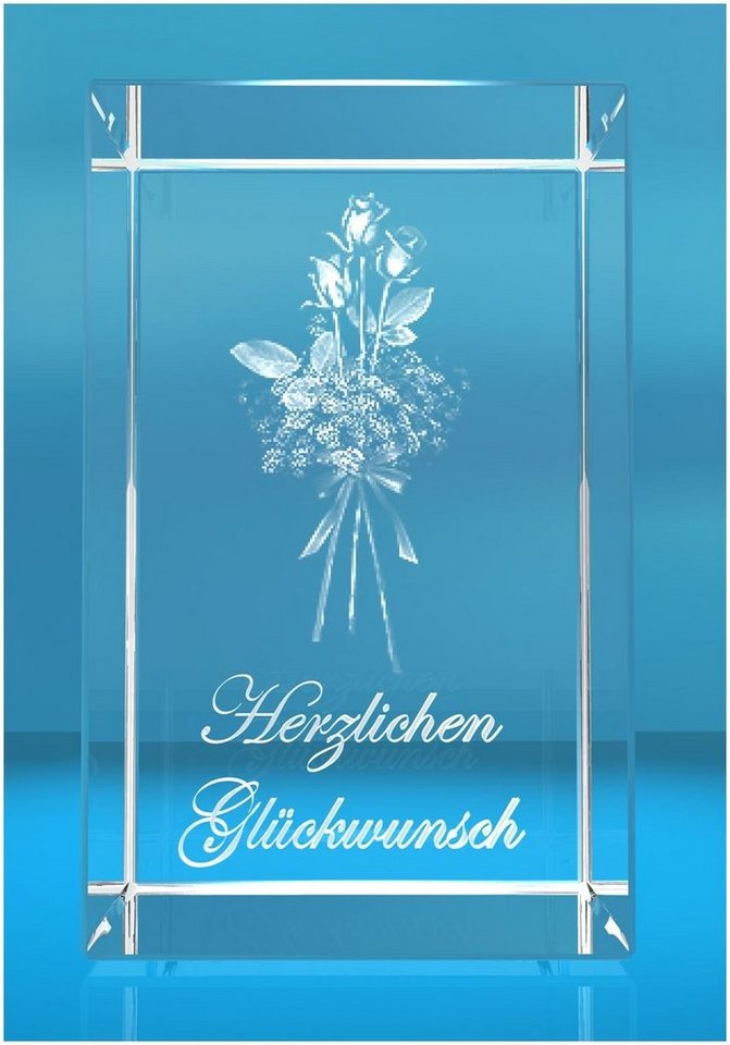 VIP-LASER Dekofigur 3D Glasquader I Rosenstrauss I Text: Herzlichen Glückwunsch, Hochwertige Geschenkbox, Made in Germany, Familienbetrieb von VIP-LASER
