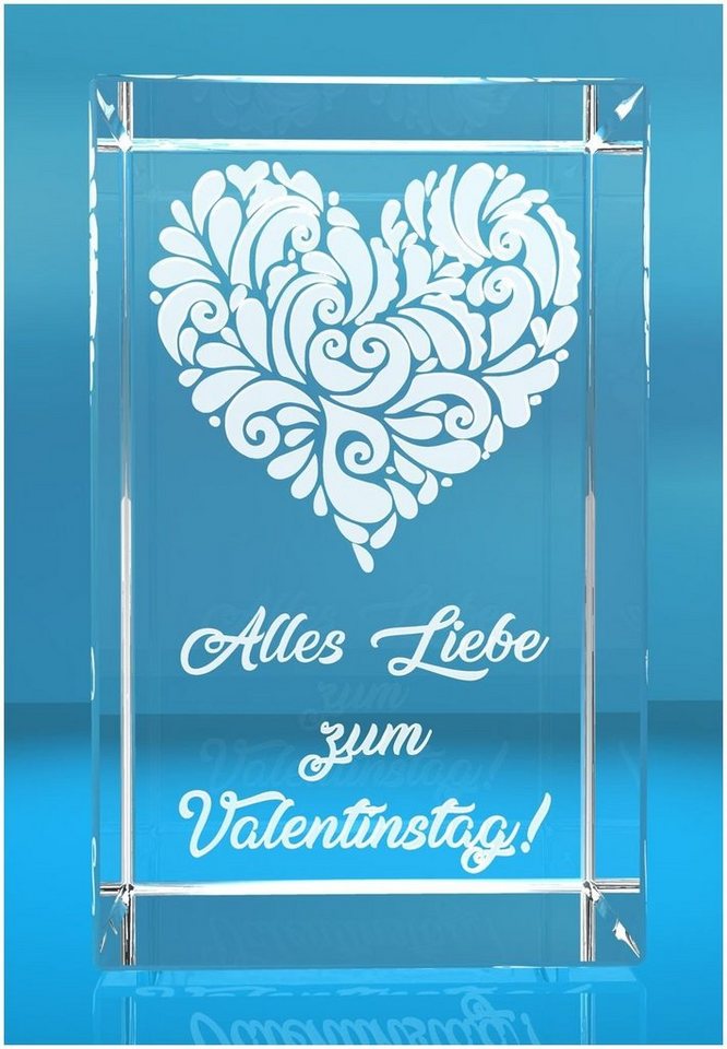 VIP-LASER Dekofigur 3D Glasquader I verziertes Herz I Alles Liebe zum Valentinstag!, Hochwertige Geschenkbox, Made in Germany, Familienbetrieb von VIP-LASER