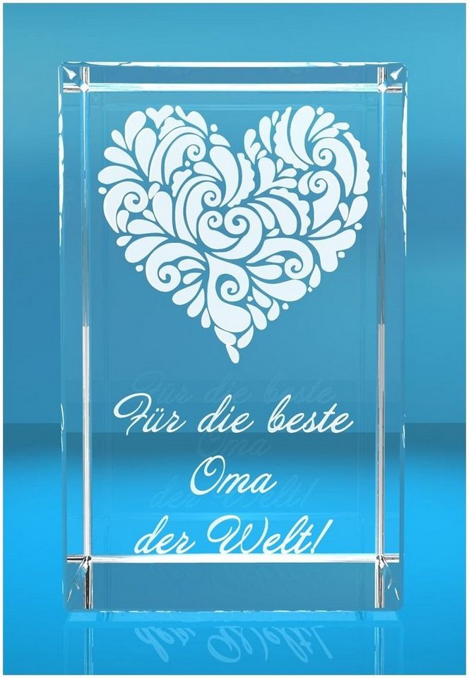 VIP-LASER Dekofigur 3D Glasquader Motiv: Verziertes Herz Beste Oma der Welt!, Hochwertige Geschenkbox, Made in Germany, Familienbetrieb von VIP-LASER