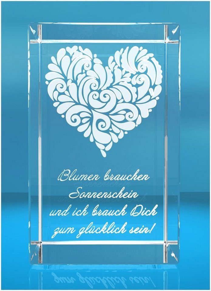 VIP-LASER Dekofigur 3D Glasquader verziertes Herz Blumen brauchen Sonnenschein und ich, Hochwertige Geschenkbox, Made in Germany, Familienbetrieb von VIP-LASER