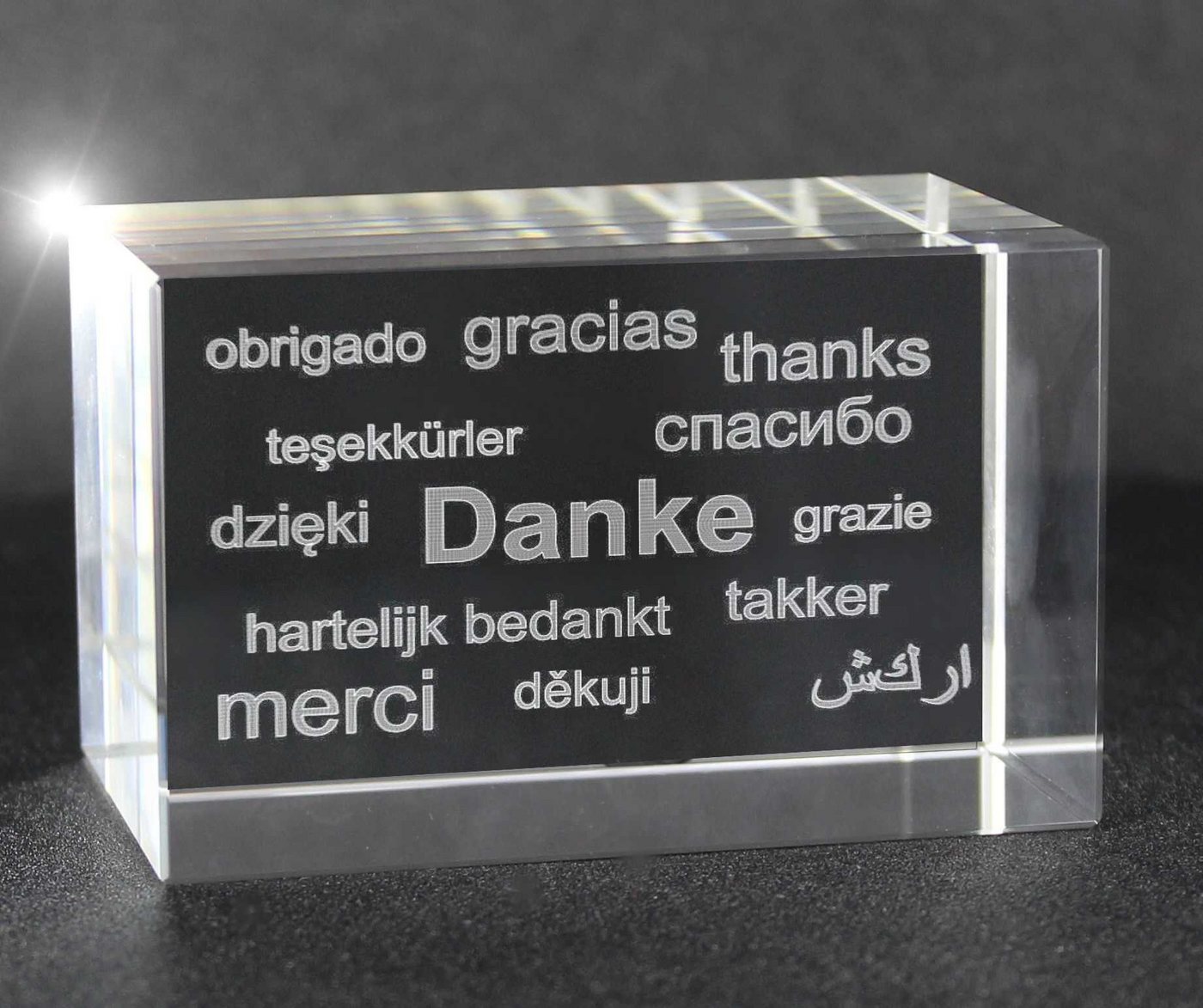 VIP-LASER Dekofigur VIP-LASER 3D Glas Kristall Quader XL mit Text Danke n verschiedenen Sp, Hochwertige Geschenkbox, Made in Germany, Familienbetrieb von VIP-LASER