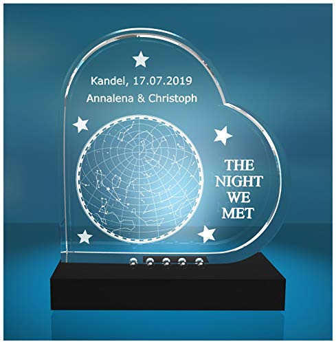 VIP-LASER Glasherz Glasfoto Motiv: Sternenhimmel vom Tag Eures kennenlernens - das romantische Geschenk mit Einer persönlichen Gravur! (incl. LED-Leuchtsockel (empfohlen)) von VIP-LASER