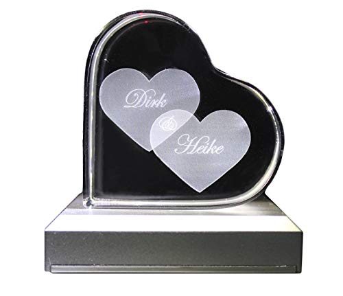 VIP-LASER Glasherz mit Zwei großen Herzen und Deinen Namen graviert. Das ideale Partner Liebesgeschenk Geschenk zum Valentinstag, Weihnachten, Jahrestag oder zur Verlobung! (incl. LED-Leuchtsockel) von VIP-LASER