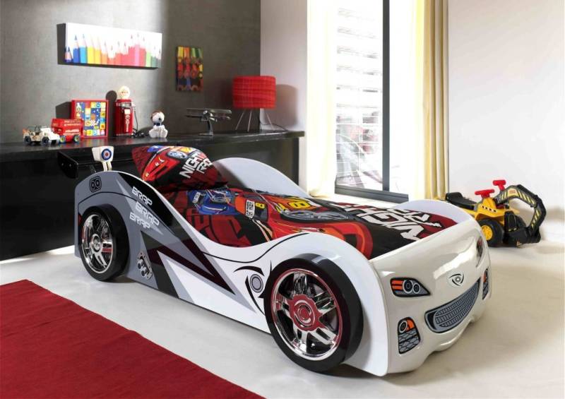 Autobett inkl Matratze 90x200 Rennauto Car Kinderbett Lattenrost Rennwagen weiss von VIPACK