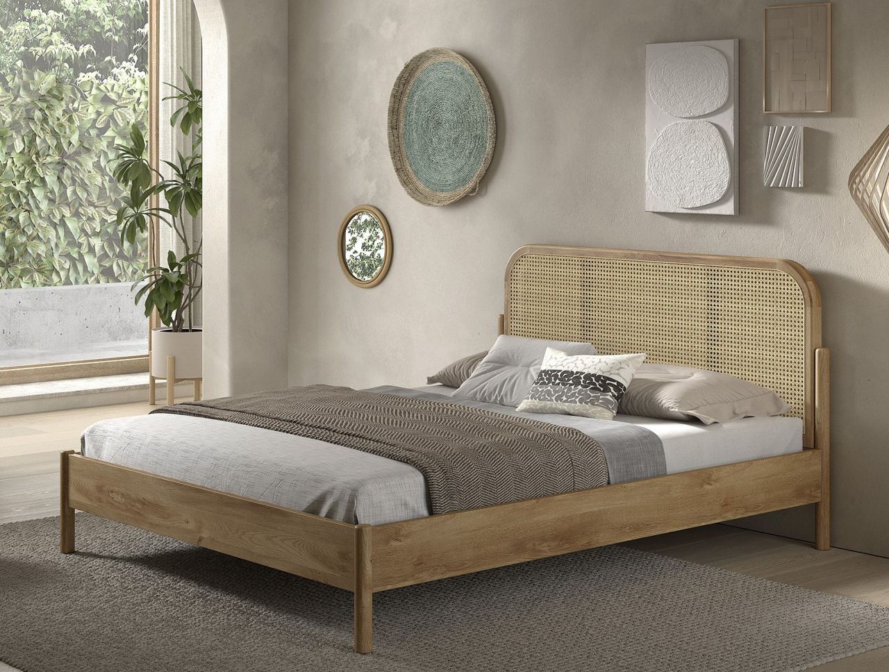 Doppelbett 160x200 mit Rattan-Geflecht Rattanbett Bettgestell Eiche Doppelbett 160x200 mit Rattan-Geflecht Rattanbett Bettgestell Eiche von VIPACK