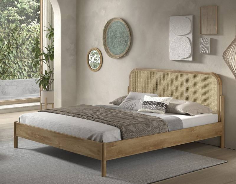 Doppelbett 180x200 mit Rattan-Geflecht Rattanbett Bettgestell Eiche von VIPACK