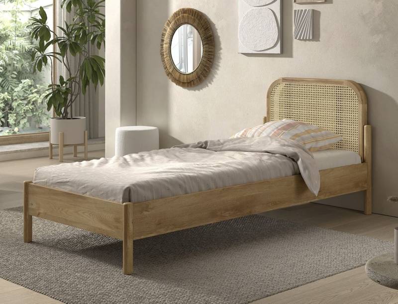 Einzelbett 90x200 mit Rattan-Geflecht Lattenrost Jugendbett Singlebett Eiche von VIPACK