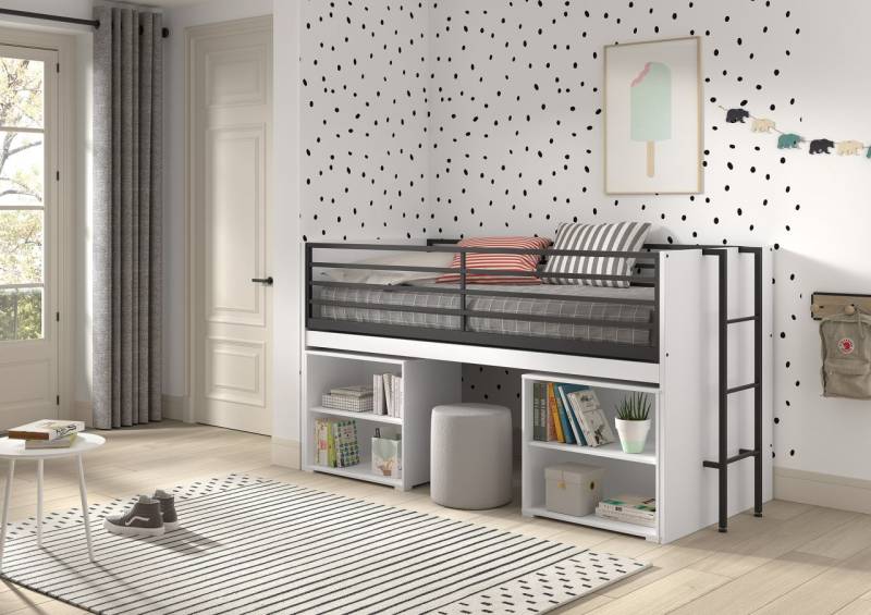 Funktionsbett 90x200 Schreibplatte Regale Halbhochbett Spielbett Jugendbett Weiß von VIPACK