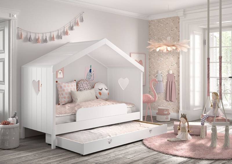 Hausbett 90x200 Bettschublade Lattenrost Absturzschutz Kinder Einzelbett Weiß von VIPACK