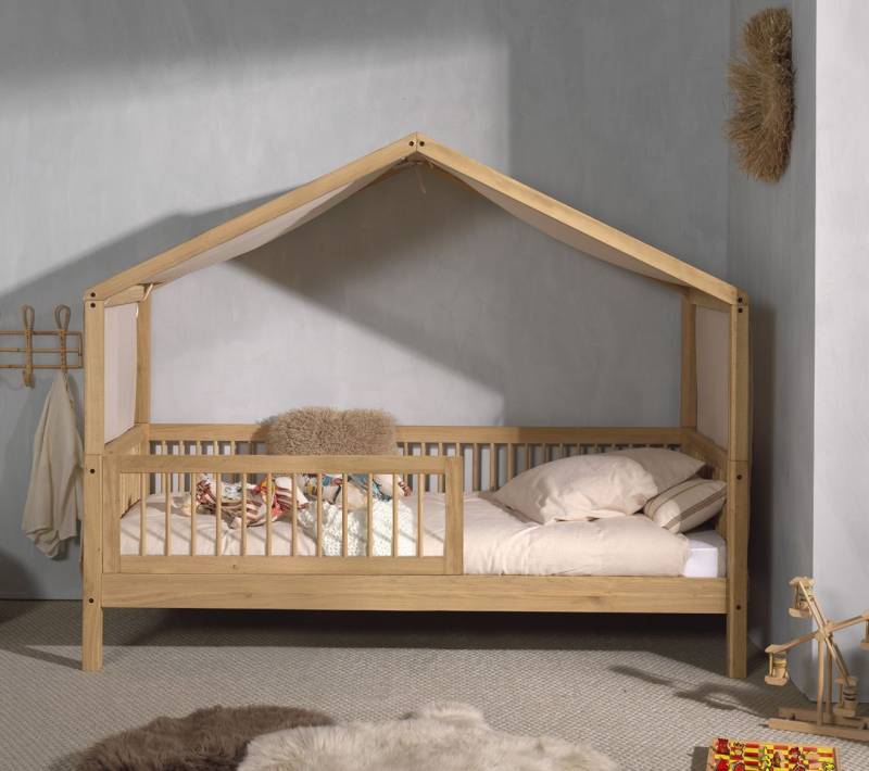 Hausbett 90x200 Textilhimmel Rausfallschutz Lattenrost Spielbett Eiche massiv von VIPACK