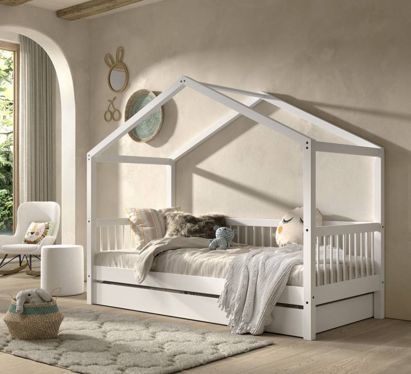 Hausbett 90x200 mit Bettschublade Kindermöbel Lattenrost Spielbett Buche massiv von VIPACK