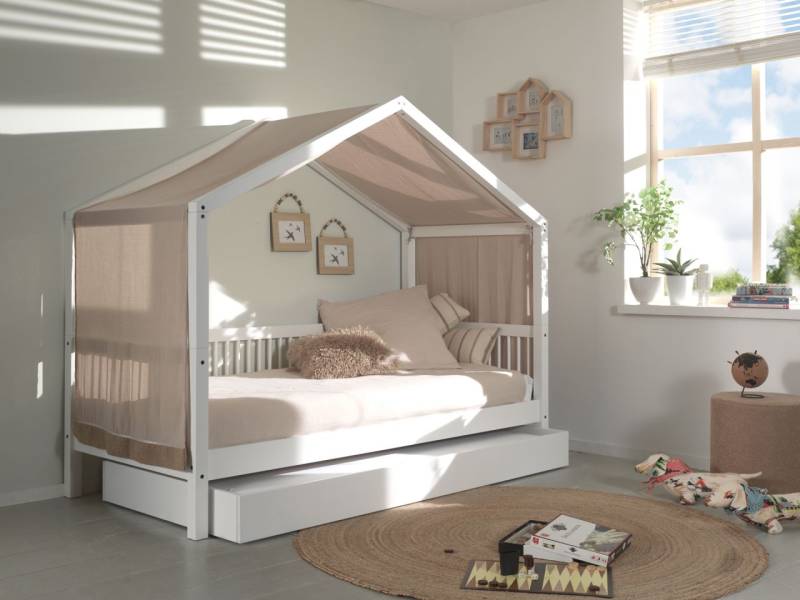 Hausbett 90x200 mit Bettschublade Textilhimmel Lattenrost Spielbett Buche massiv von VIPACK