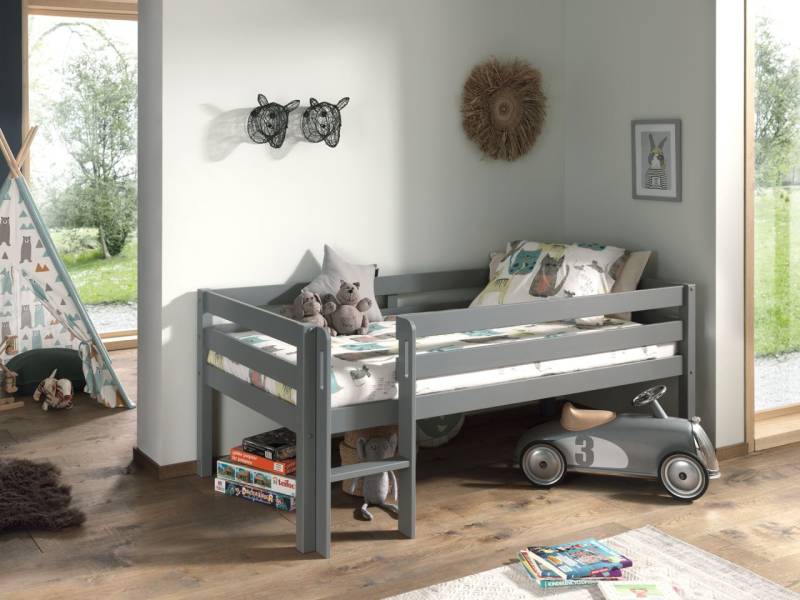 Kojen Spielbett Leiter Lattenrost 90x200 Kinderbett Einzelbett Kindermöbel Grau von VIPACK