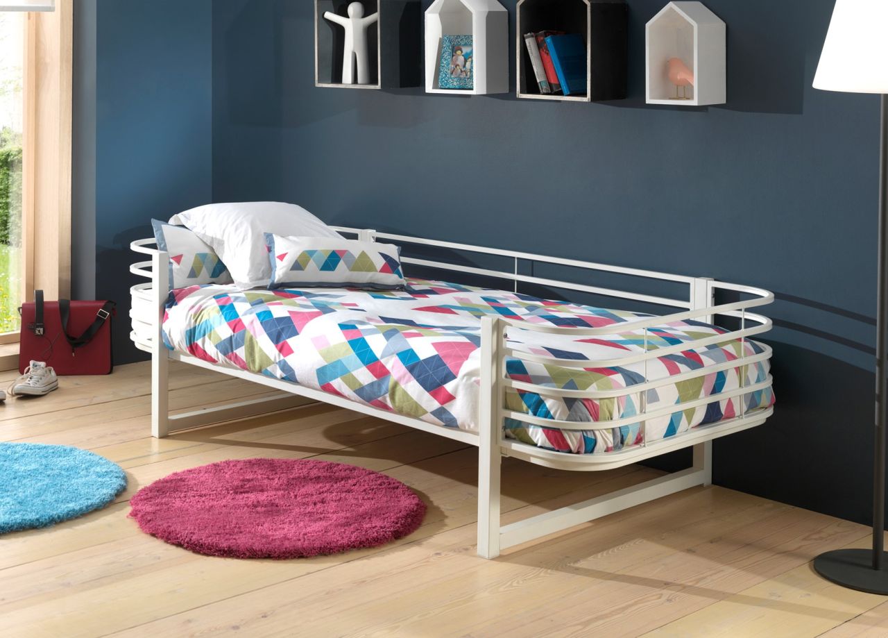 Metallbett 90x200 Jugendbett Einzelbett Kinderbett Weiß Absturzschutz Gästebett von VIPACK