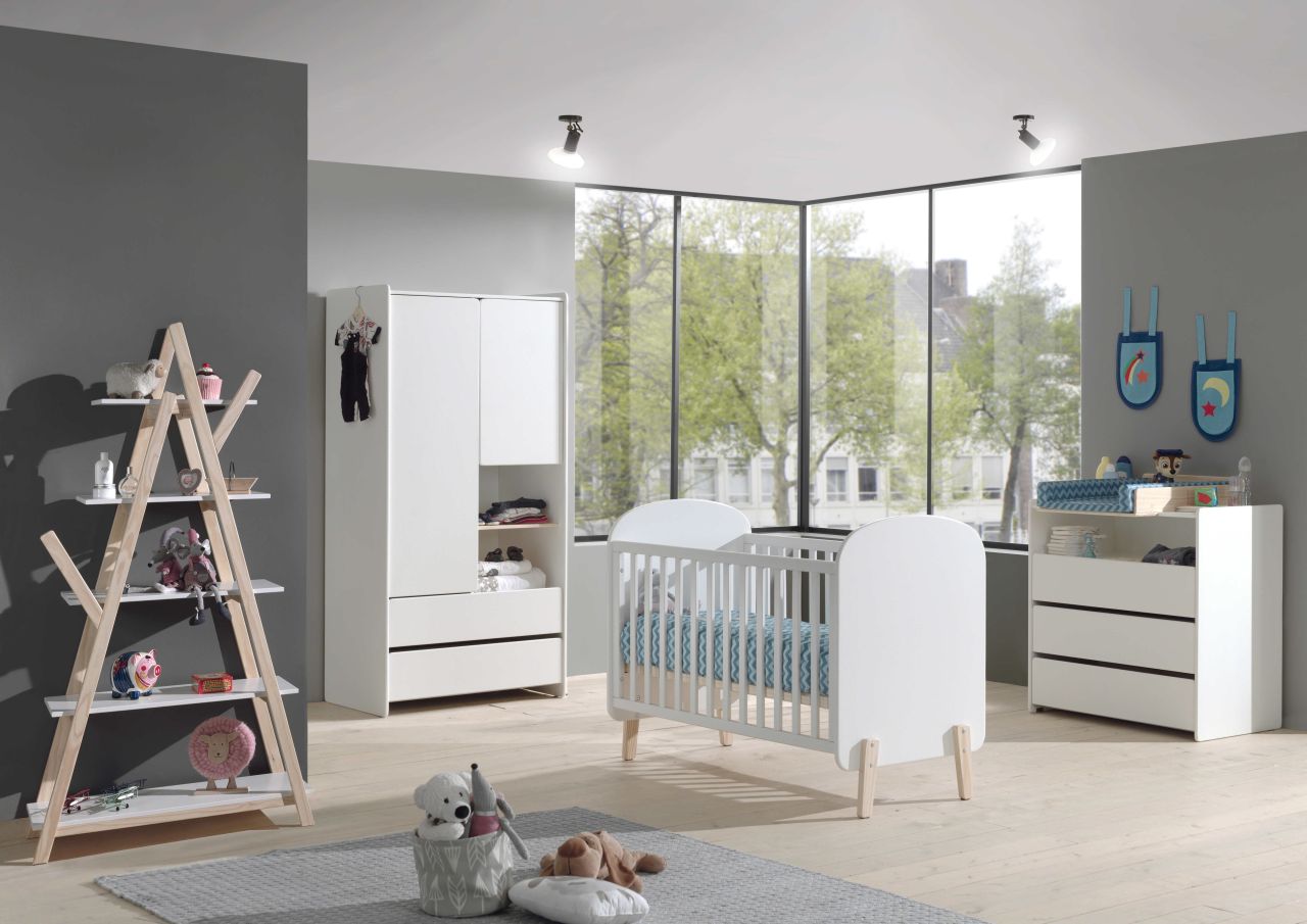 Set Babyzimmer Babybett Kommode Wickelaufsatz Kleiderschrank 60x120 Regal Weiss von VIPACK