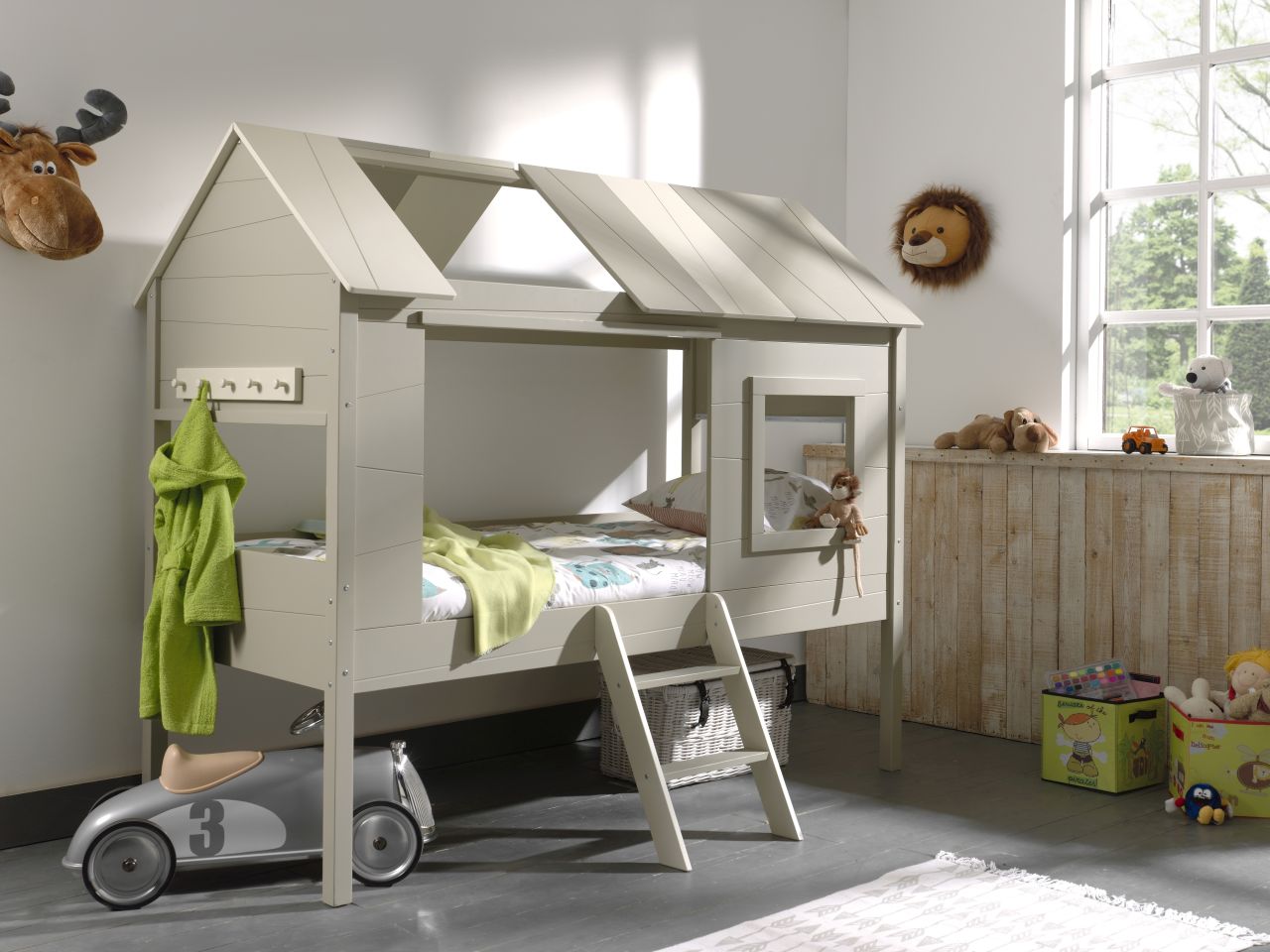 Set Baumhaus Bett Hausbett 90x200 Kinderbett Kindermöbel Rolllattenrost Grau von VIPACK
