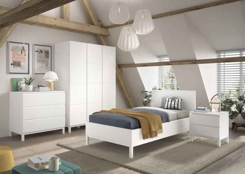 Set Bett 90x200 Nachtkommode Schrank 3T Kommode Jugendzimmer Kinderzimmer Weiß von VIPACK
