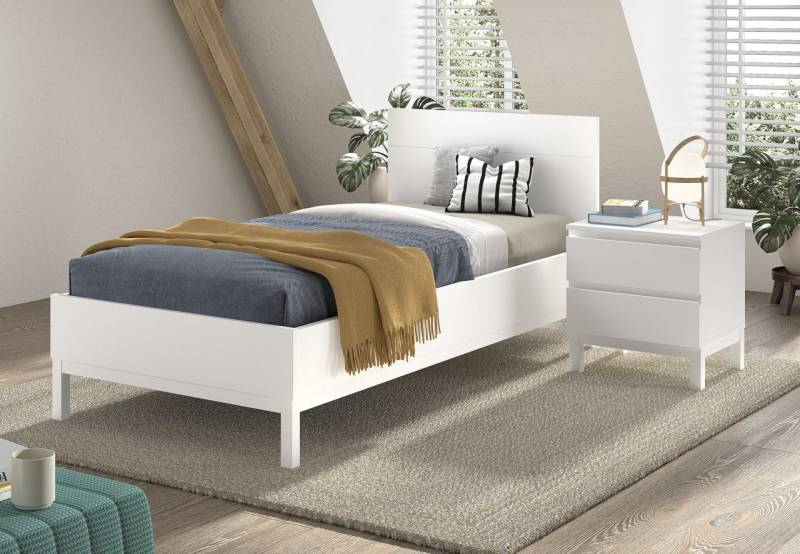Set Einzelbett Jugendbett 90x200 und Nachtkommode Jugendzimmer Kinderzimmer Weiß von VIPACK
