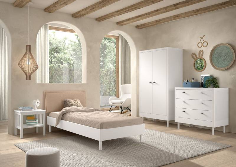 Set Einzelbett Schrank 2T Nachtkonsole Kommode Lattenrost Buche massiv Weiß von VIPACK