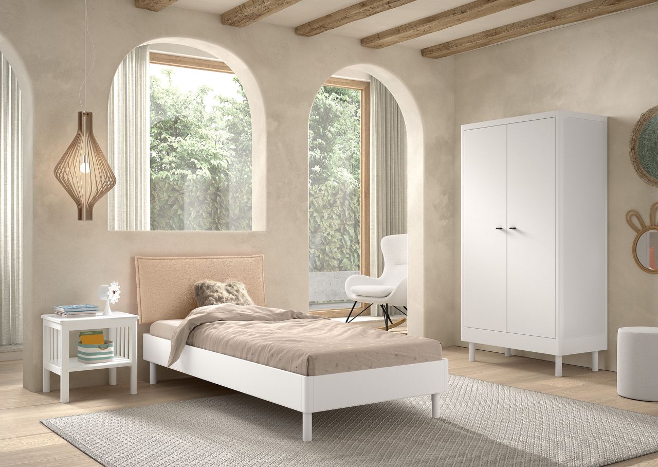 Set Einzelbett Schrank 2T Nachtkonsole Lattenrost Buche massiv Weiß lackiert von VIPACK