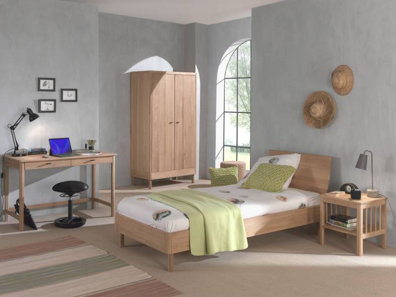 Set Futonbett Schrank 2T Nachtkonsole Schreibtisch Lattenrost Eiche massiv geölt von VIPACK