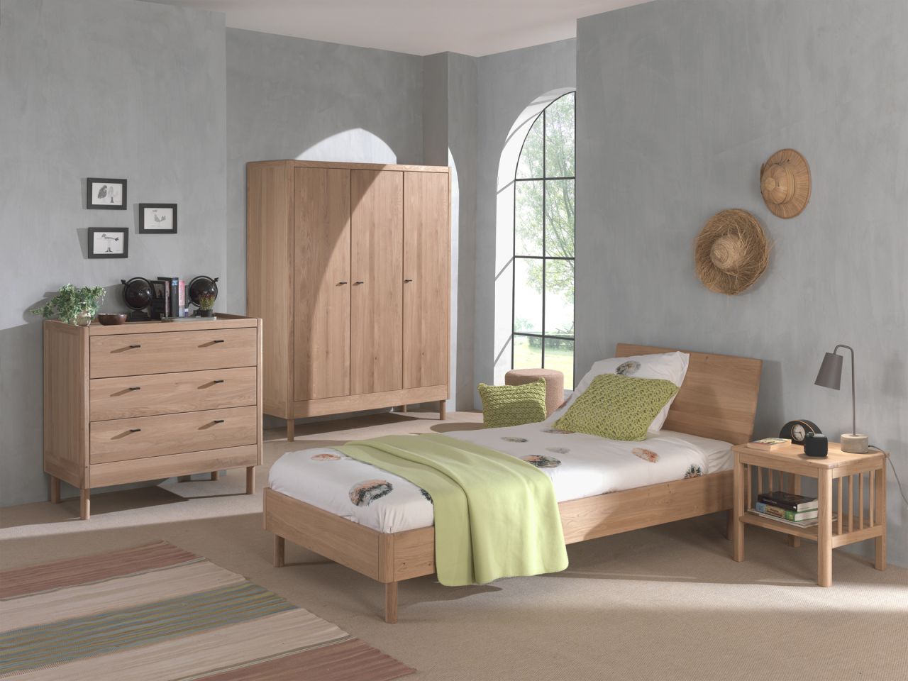 Set Futonbett Schrank 3T Nachtkonsole Kommode Lattenrost Eiche massiv geölt von VIPACK