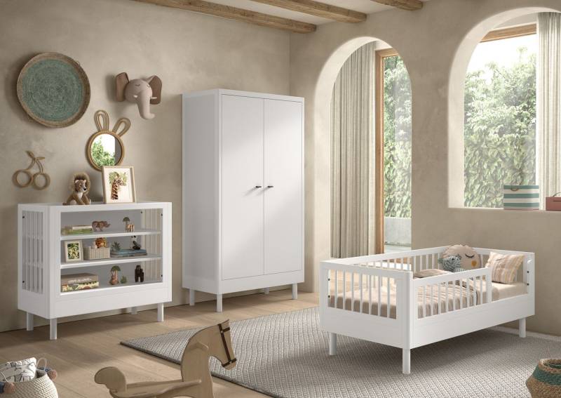 Set Juniorbett Wickelregal Schrank Kinderzimmer Babyzimmer Buche massiv Weiß von VIPACK
