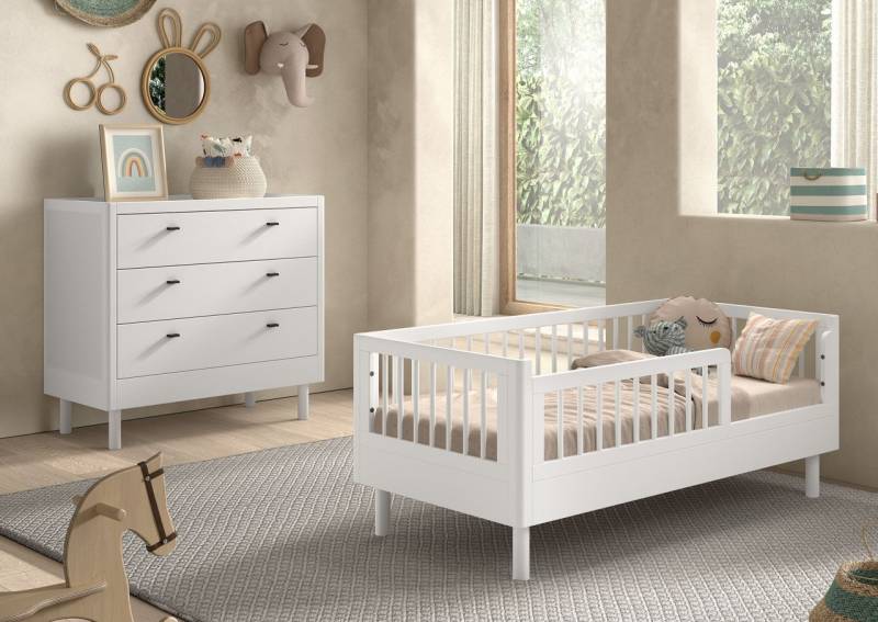 Set Juniorbett und Kommode Kinderzimmer Babyzimmer Buche massiv Weiß lackiert von VIPACK