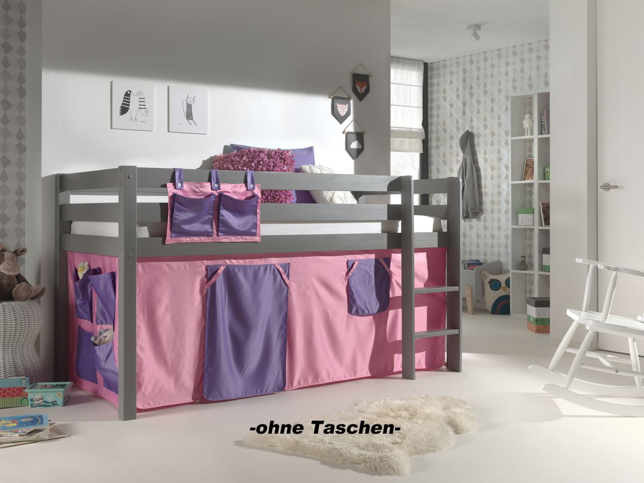 Set Spielbett Textilset 90x200 Kinderbett Lattenrost Hochbett Pino rosa grau von VIPACK