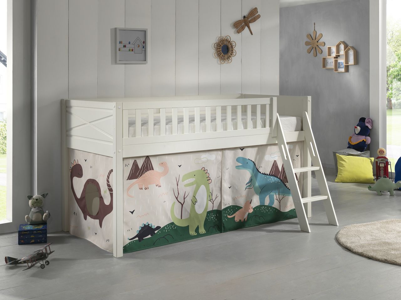 Set Spielbett Vorhang Lattenrost Hochbett Kinderbett 90x200 Dinosaurier weiß von VIPACK